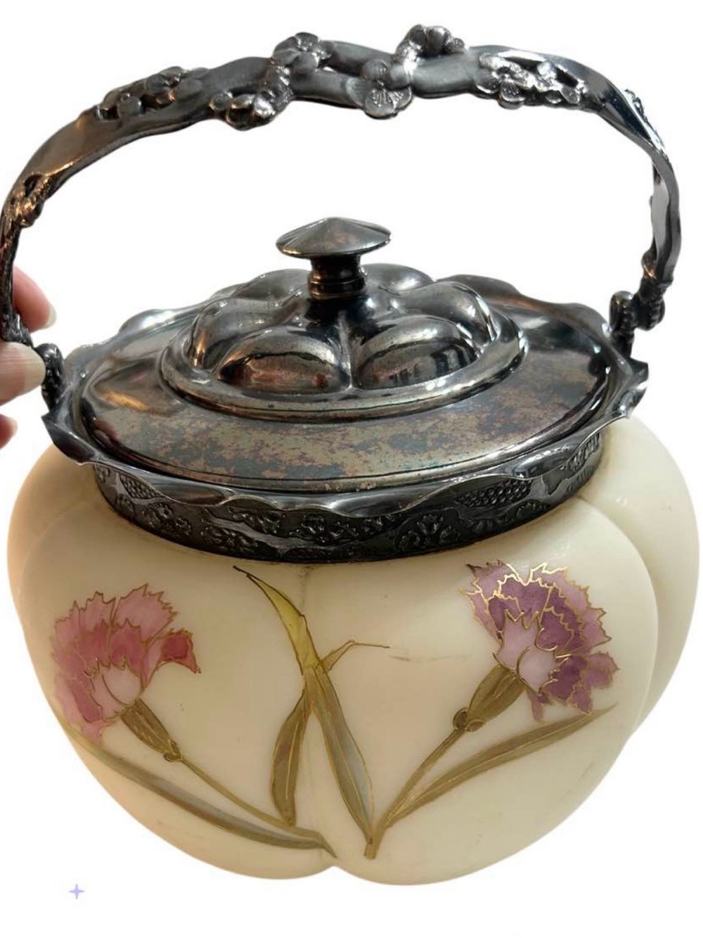 Antique Art Glass Biscuit Jar Floral Satin Custard Glass Silver-plated